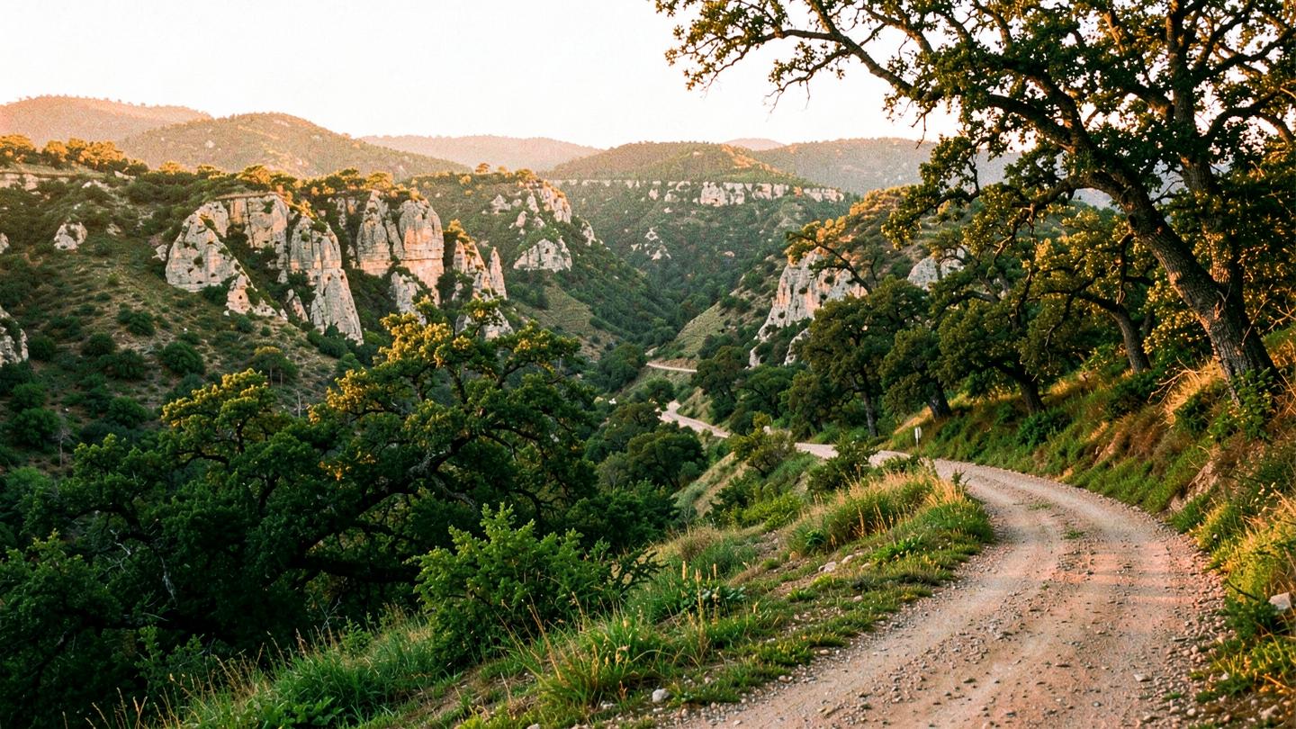 A dirt road winding through the Texas Hill Country at golden hour
