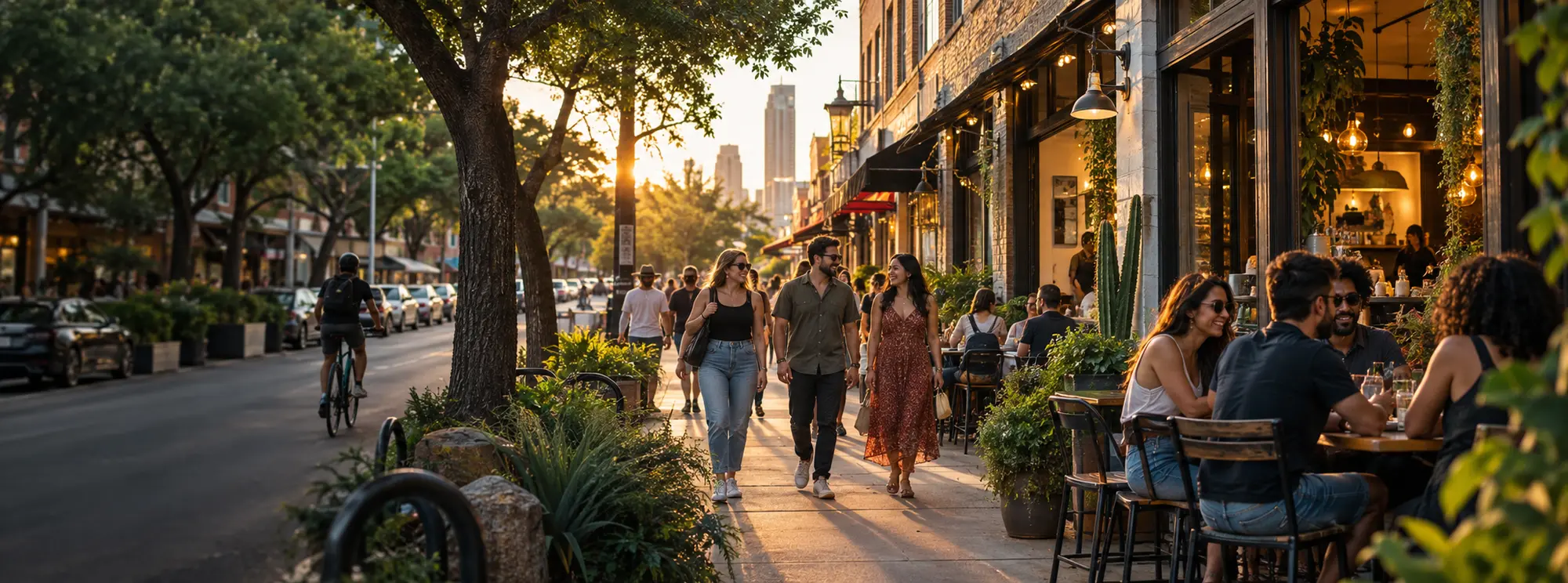 A lively Austin neighbourhood with independent shops and outdoor tables at golden hour